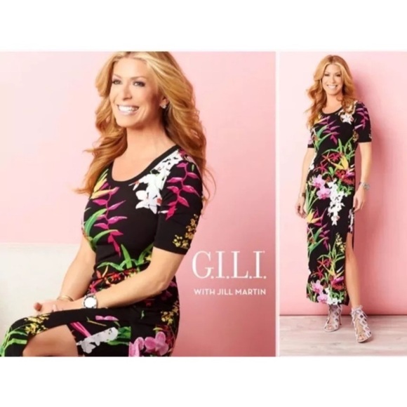 G.I.L.I. Floral Slit Tropical Black Pink Maxi Shift Dress Women’s XL - Picture 3 of 13